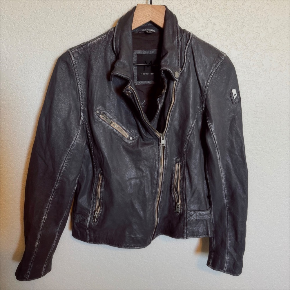 Contemporary Streetwear Mauritius Leather Moto Jacket Large Gray